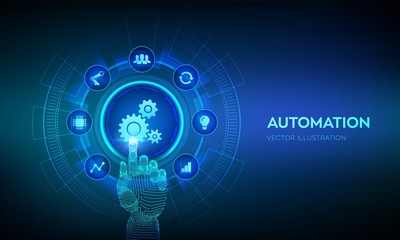 Wall Mural - Automation Software. IOT and Automation concept as an innovation, improving productivity in technology and business processes. Robotic hand touching digital interface. Vector illustration.