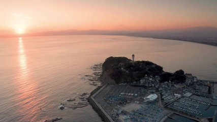 Canvas Print - 夕暮れの江の島と富士山空撮