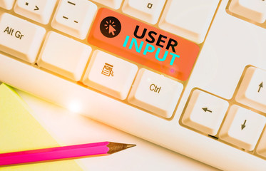 Poster - Conceptual hand writing showing User Input. Concept meaning Any information or data that is sent to a computer for processing White pc keyboard with note paper above the white background