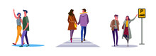 Set Of Happy Couple Going Out Together. Flat Vector Illustrations Of People Ordering Taxi On Street. Dating, Stroll, Public Transport Concept For Banner, Website Design Or Landing Web Page