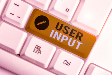 Poster - Conceptual hand writing showing User Input. Concept meaning Any information or data that is sent to a computer for processing White pc keyboard with note paper above the white background