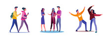 Set Of Students Going To Classes And Having Fun. Flat Vector Illustrations Of People Chatting Together. Conversation, Going Out, Dancing, Walk Concept For Banner, Website Design Or Landing Web Page