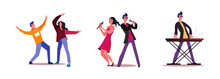 Set Of People Singing And Dancing Together. Flat Vector Illustrations Of Musician Playing On Keyboard. Music Concert, Performance, Entertainment Concept For Banner, Website Design Or Landing Web Page