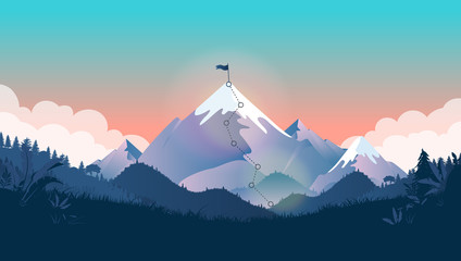 Goal on top of mountain - Mountain peak with flag on summit, and trail to the top. Beautiful landscape with forest and clouds. Business strategy, leadership, planning, and challenge concept.