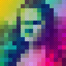 Colorful Woman Portrait In Pixel Art Style, Psychedelic Grid. Bright Abstract Retro Futuristic Digital Background