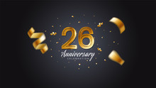 26th Anniversary Celebration Gold Numbers With Dotted Halftone, Shadow And Sparkling Confetti. Modern Elegant Design With Black Background. For Wedding Party Event Decoration. Editable Vector EPS 10