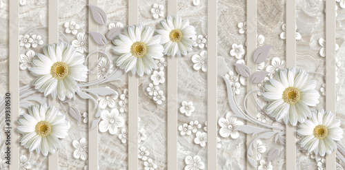 Fototapeta na wymiar 3d wallpaper, white chamomiles, vertical stripes, beige marble background