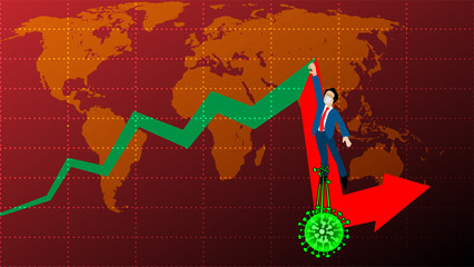 The cartoon infographic illustration picture of a sick businessman is pulled down by the green germs on the red falling graph. ( vector )