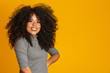© Brastock Images - Beauty portrait of african american woman with afro hairstyle and glamour makeup. Brazilian woman. Mixed race. Curly hair. Hair style. Yellow background.
