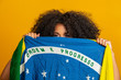 © Brastock Images - Misterious black woman fan holding a Brazilian flag in your face. Brazil colors in background, green, blue and yellow. Elections, soccer or politics.