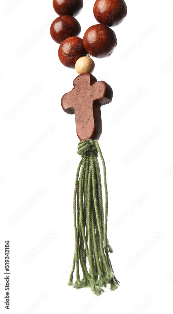 Christian rosary beads on white background