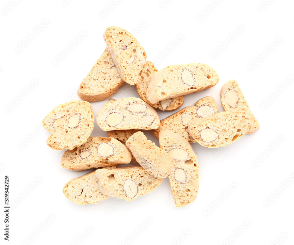Sweet almond cookies on white background