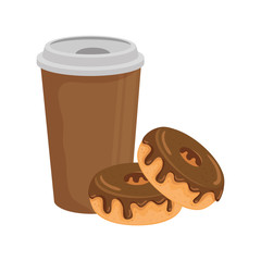 Poster - delicious coffee in plastic container with donuts