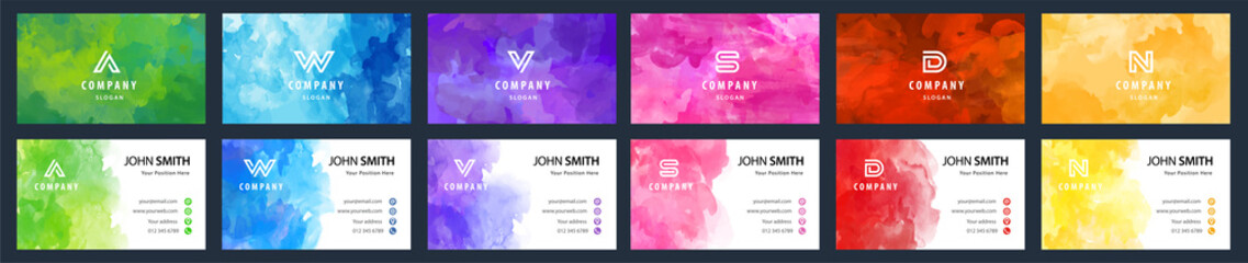 Wall Mural - Big set of bright colorful business card template with vector watercolor background