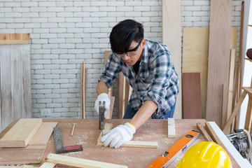 Young asian carpenter wearing safety glasses holding hammer and nail working on wooden job - Handyman and diy concept