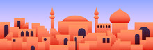 Arabic City Panorama In Orange Desert Color With Mosque Silhouettes