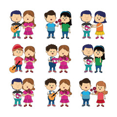 Sticker - icon set of cartoon happy couples standing with gifts, colorful design