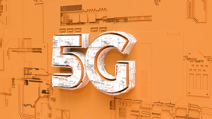 Poster - 5g wireless network 3d rendering concept. 5g internet communications for future on orange background