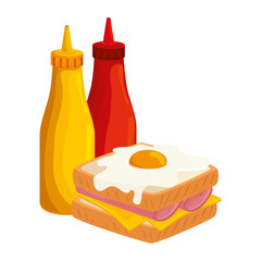 Sticker - delicious sandwich with bottles sauces isolated icon