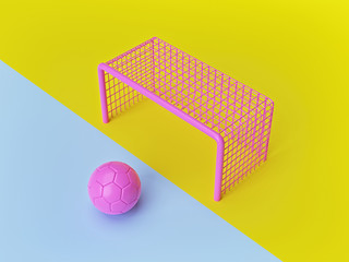 Wall Mural - pink soccer ball and goal post on yellow and blue background. minimal sports concept. 3d rendering