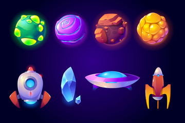Poster - Planets, rockets and alien ufo set isolated on blue background. Fantasy computer game graphic design elements, cosmic collection of funny spaceship shuttles, asteroids Cartoon vector illustration