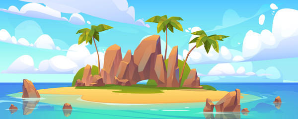 Wall Mural - Island in ocean, uninhabited isle with beach, palm trees and rocks surrounded with sea water and cloudy sky above. Tropical landscape, empty land with sand and no people Cartoon vector illustration