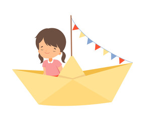 Sticker - Cute Little Girl Sailing on an Yellow Paper Boat with Colorful Flags Vector Illustration