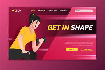 Wall Mural - Get in shape landing page with woman working out with dumbbell. Sport web page template for gym, personal trainer and fitness center
