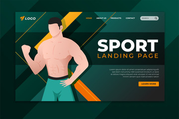 Wall Mural - Sport landing page with bodybuilder illustration. Web page template design for gym, personal trainer and fitness center