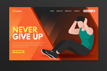 sport landing page with man doing crunches. web page template design for gym, personal trainer and f