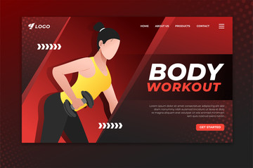 Wall Mural - Body workout landing page with woman working out with dumbbell. Sport web page template for gym, personal trainer and fitness center