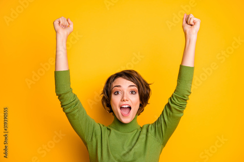 Fotomural Close up photo of crazy funky sports fan girl celebrate football team victory ra