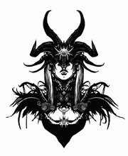 A Beautiful Demon Girl In A Mask Covering Her Eyes, She Is Dressed In Many Different Trinkets, Symmetrically Placed On Both Sides . 2D Illustration.