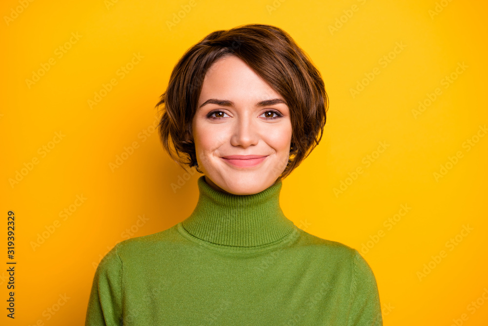 Closeup photo of funny short hairdo lady charming smiling good mood positive person wear casual green turtleneck warm sweater isolated yellow color background - obrazy, fototapety, plakaty 