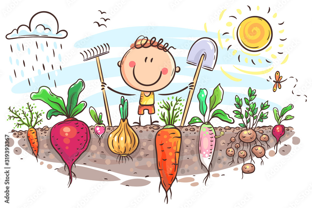 Happy farmer has grown a lot of vegetables - obrazy, fototapety, plakaty 