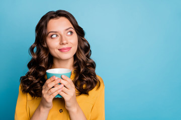 Sticker - Close-up portrait of her she nice attractive cheery dreamy curious feminine wavy-haired girl holding in hands drinking latte isolated on bight vivid shine vibrant green blue turquoise color background