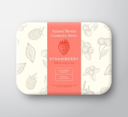Canvas Print - Strawberry Bath Cosmetics Package Box. Abstract Vector Wrapped Paper Container with Label Cover. Packaging Design. Modern Typography and Hand Drawn Berries Background Pattern Layout.