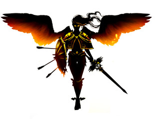 A black angel with yellow fiery eyes and wings with a legendary sword and shield with arrows, gracefully walks forward on the viewer . 2D illustration