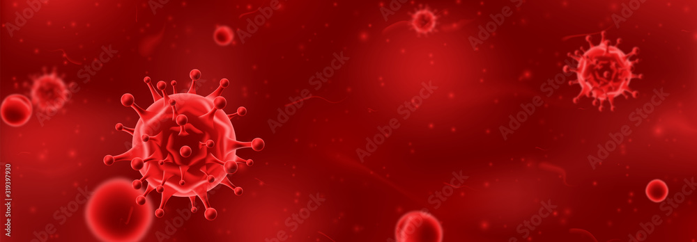 Horizontal banner concept with red viruses. Vector illustration with 3d microscopic bacteria and viruses. Coronavirus microbe cells in infected blood. - obrazy, fototapety, plakaty 