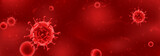 Fototapeta  - Horizontal banner concept with red viruses. Vector illustration with 3d microscopic bacteria and viruses. Coronavirus microbe cells in infected blood.