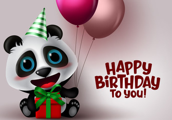 Happy birthday panda animal character. Birthday party greeting text with bear panda sitting and holding gift, balloons and hat elements with space for messages in white background. Vector illustration