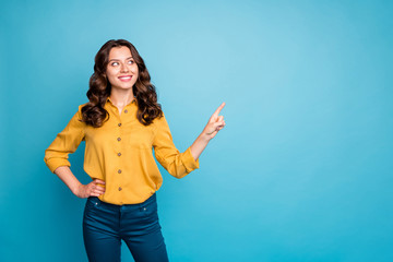 Wall Mural - photo of amazing business lady indicating finger empty space interested advising new product low dis