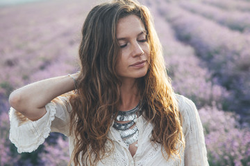 Wall Mural - Boho styled model in lavender field