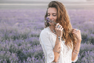 Wall Mural - Boho styled model in lavender field