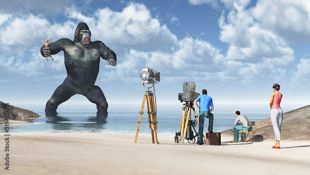 Riesiger Gorilla mit Frau in seiner Hand und Filmstab - obrazy, fototapety, plakaty 