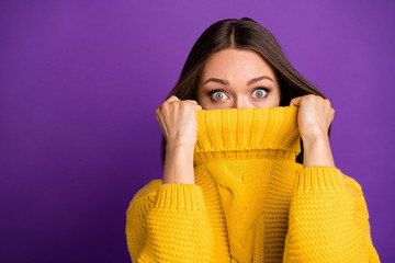 close-up portrait of her she nice attractive lovely funny scared straight-haired girl hiding face in