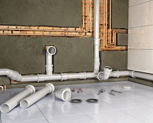 Process of changing pipes in bathroom interior, 3d illustration