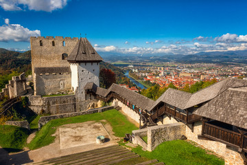 Celje Old castle (Celjski Stari grad), amazing aerial view of medieval fortification and town of Celje in Lasko valley in Julian Alps mountains, Slovenia, Styria. Outdoor travel background