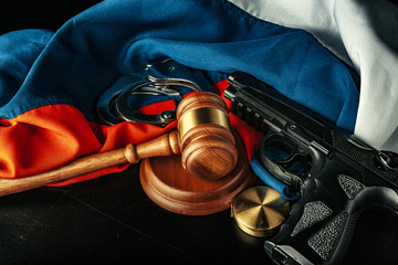 Wall Mural - Russian justice. Wooden gavel and russian flag