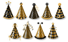 Set Of Gold And Black Party Hats Isolated On White Background, New Year And Carnival Celebration Elements. Vector Illustration. Modern Colored Caps With Patterns, Funny Holidays Design